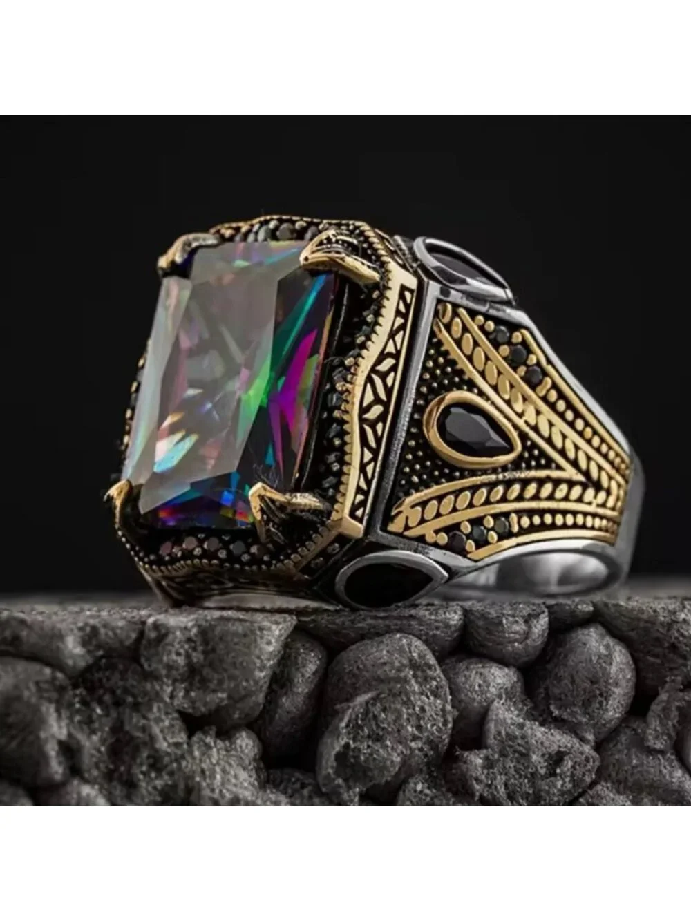 New! Men vintage signet Multicolor Gemstone Statement Ring